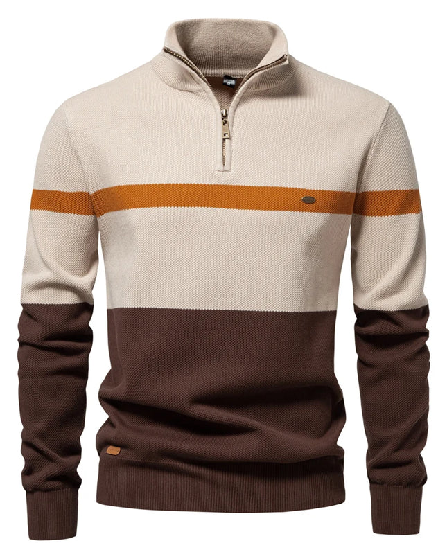 AIOPESON Men’s Cotton Zipper Mock Neck Sweater - Striped Warm Design