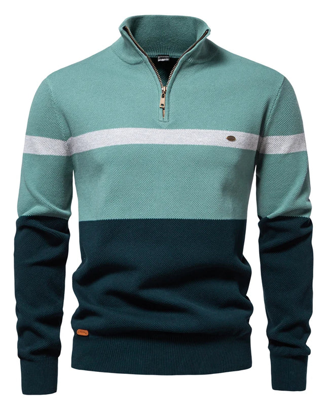 AIOPESON Men’s Cotton Zipper Mock Neck Sweater - Striped Warm Design