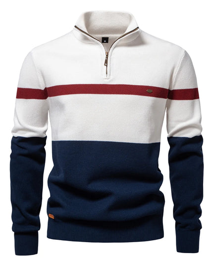 AIOPESON Men’s Cotton Zipper Mock Neck Sweater - Striped Warm Design