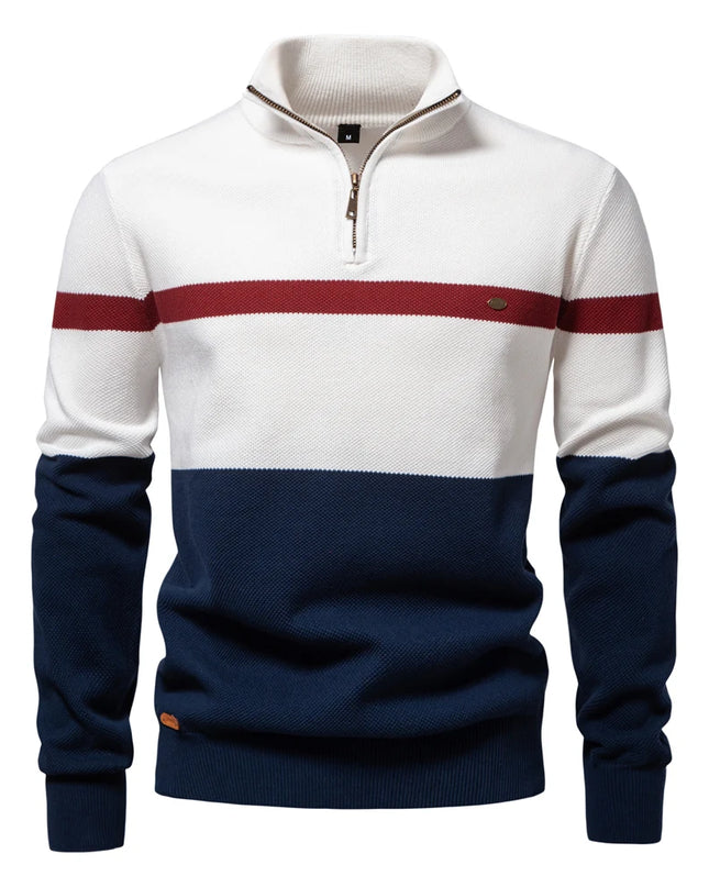 AIOPESON Men’s Cotton Zipper Mock Neck Sweater - Striped Warm Design