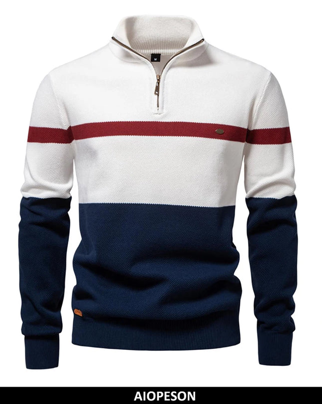 AIOPESON Men’s Cotton Zipper Mock Neck Sweater - Striped Warm Design