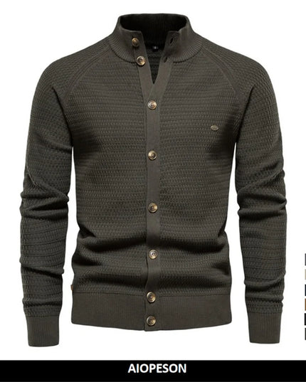 AIOPESON Men's Knitted Cardigan - High-Quality Cotton Mock Neck