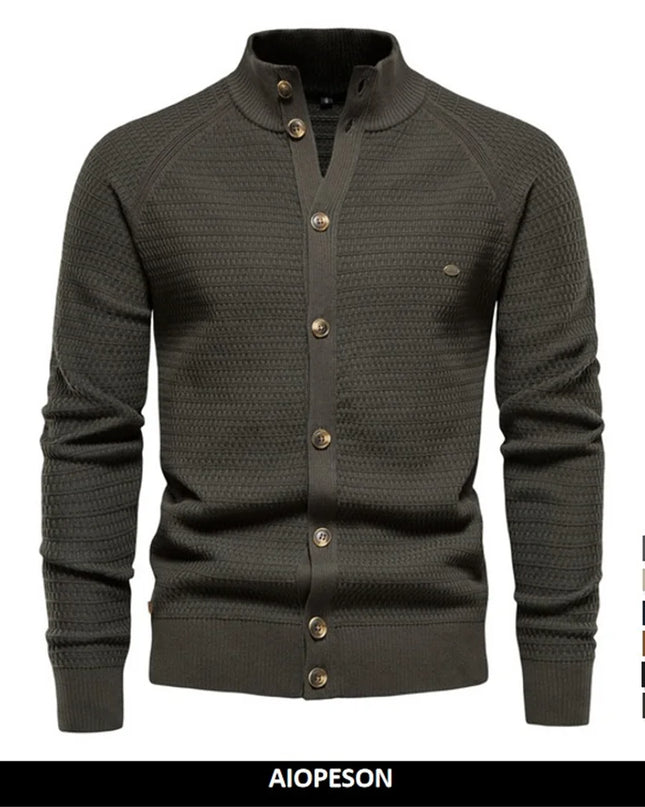 AIOPESON Men's Knitted Cardigan - High-Quality Cotton Mock Neck