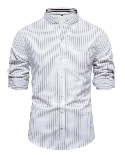 AIOPESON Men's Long-Sleeved Striped Shirt - Stand Collar, Pocket Design