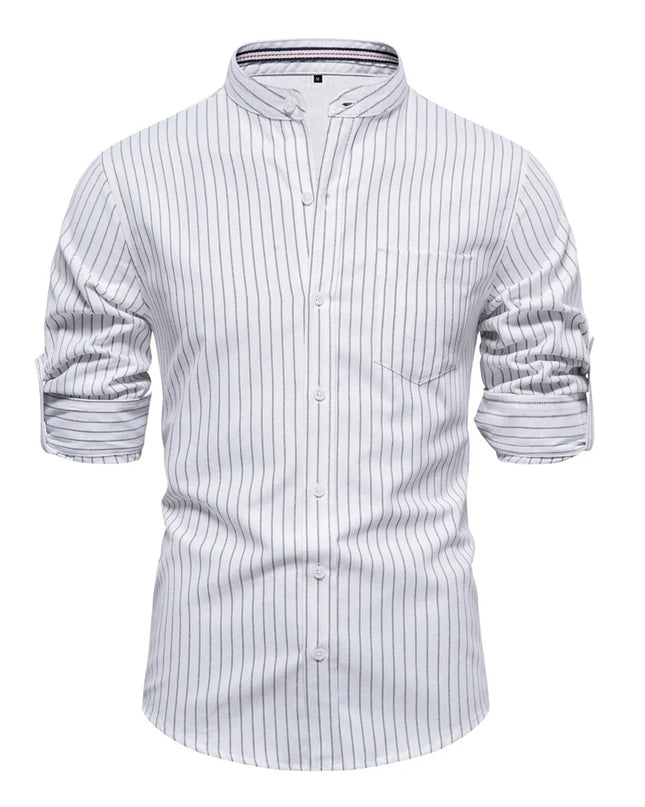 AIOPESON Men's Long-Sleeved Striped Shirt - Stand Collar, Pocket Design