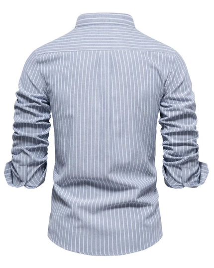 AIOPESON Men's Long-Sleeved Striped Shirt - Stand Collar, Pocket Design