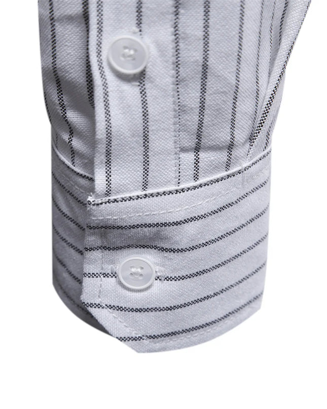 AIOPESON Men's Long-Sleeved Striped Shirt - Stand Collar, Pocket Design