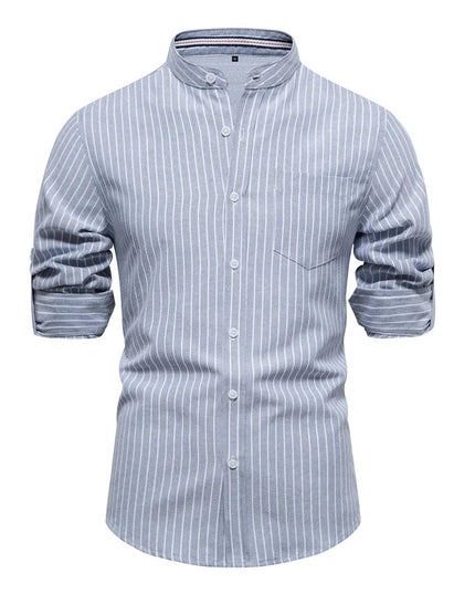 AIOPESON Men's Long-Sleeved Striped Shirt - Stand Collar, Pocket Design