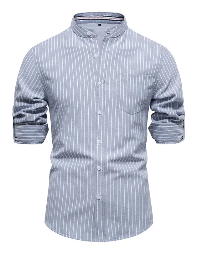 AIOPESON Men's Long-Sleeved Striped Shirt - Stand Collar, Pocket Design