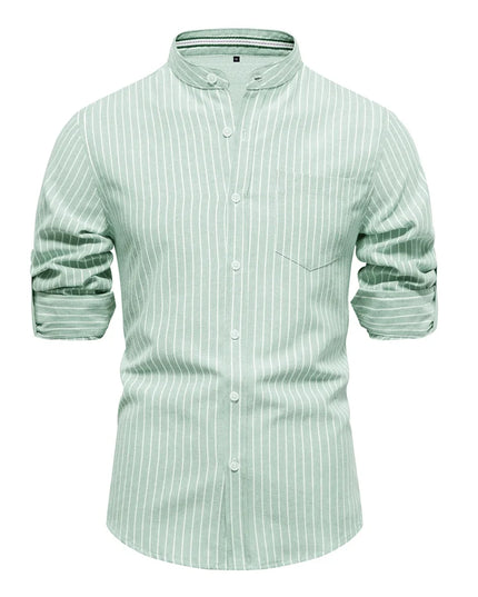 AIOPESON Men's Long-Sleeved Striped Shirt - Stand Collar, Pocket Design