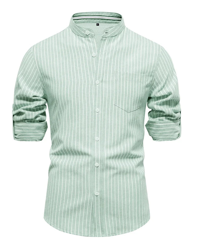 AIOPESON Men's Long-Sleeved Striped Shirt - Stand Collar, Pocket Design