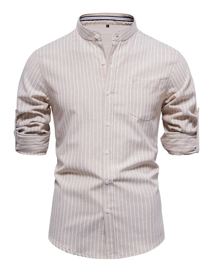 AIOPESON Men's Long-Sleeved Striped Shirt - Stand Collar, Pocket Design