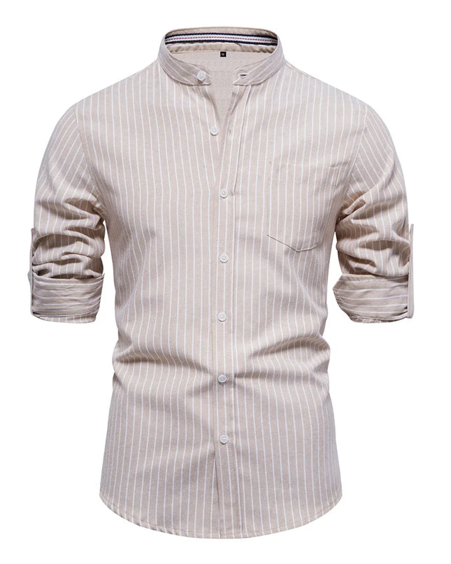 AIOPESON Men's Long-Sleeved Striped Shirt - Stand Collar, Pocket Design