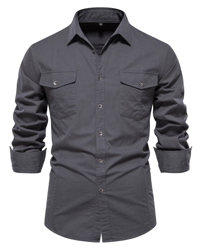 AIOPESON Men's Military Style Cotton Pocket Shirt - Slim Fit Long Sleeve