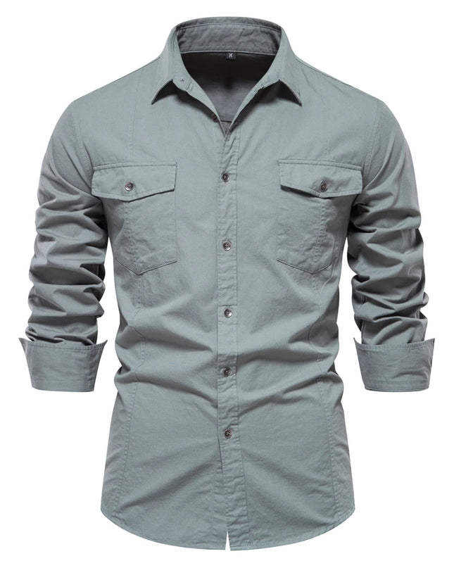 AIOPESON Men's Military Style Cotton Pocket Shirt - Slim Fit Long Sleeve