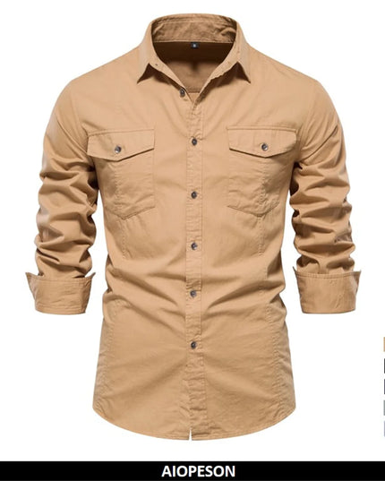 AIOPESON Men's Military Style Cotton Pocket Shirt - Slim Fit Long Sleeve
