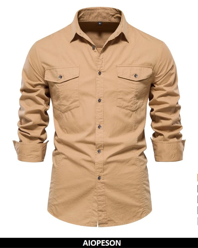 AIOPESON Men's Military Style Cotton Pocket Shirt - Slim Fit Long Sleeve
