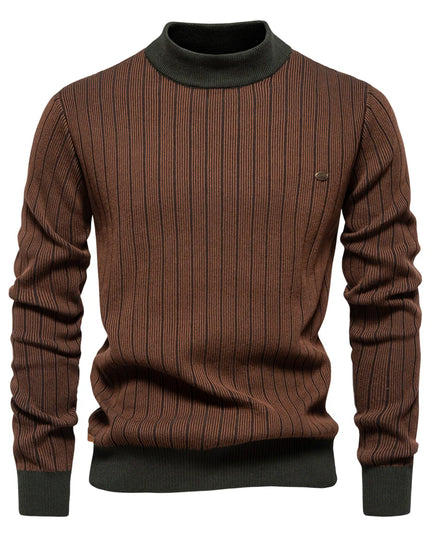 AIOPESON Men's Mock Neck Cotton Pullover - Striped Warm Sweater