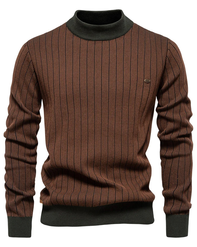 AIOPESON Men's Mock Neck Cotton Pullover - Striped Warm Sweater