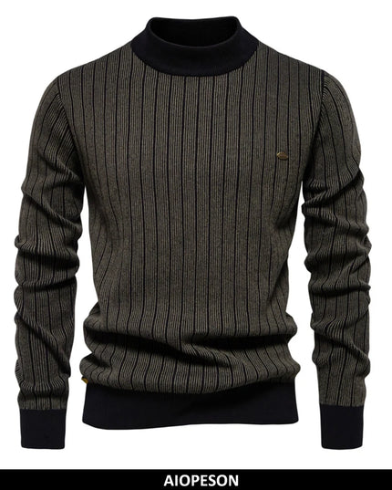 AIOPESON Men's Mock Neck Cotton Pullover - Striped Warm Sweater