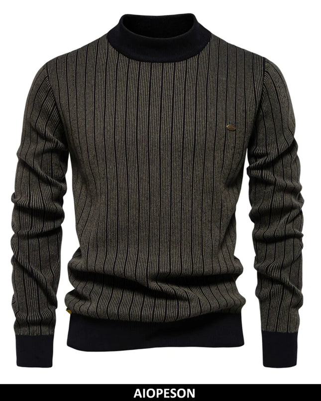 AIOPESON Men's Mock Neck Cotton Pullover - Striped Warm Sweater