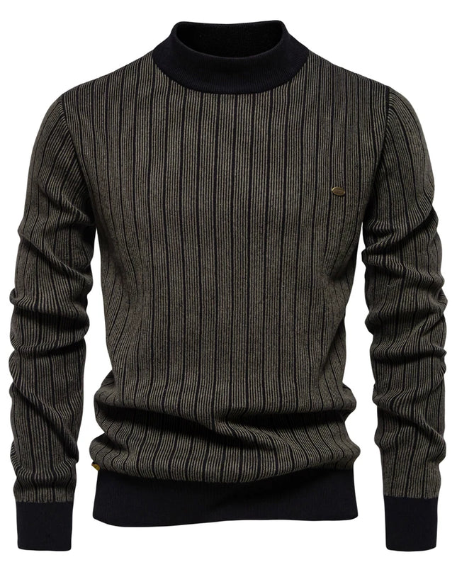 AIOPESON Men's Mock Neck Cotton Pullover - Striped Warm Sweater
