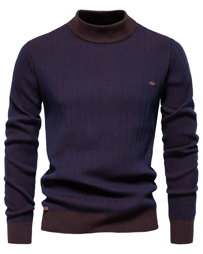 AIOPESON Men's Mock Neck Cotton Pullover - Striped Warm Sweater