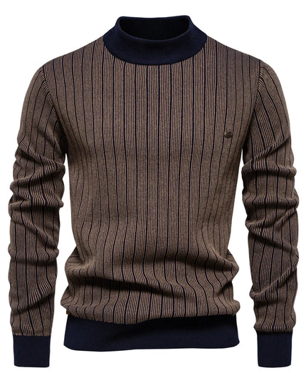 AIOPESON Men's Mock Neck Cotton Pullover - Striped Warm Sweater