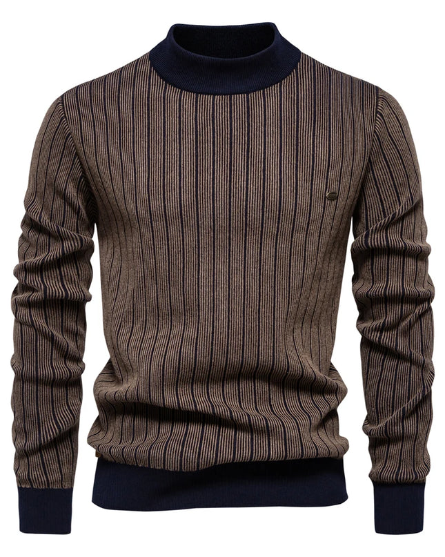 AIOPESON Men's Mock Neck Cotton Pullover - Striped Warm Sweater