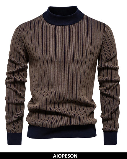 AIOPESON Men's Mock Neck Cotton Pullover - Striped Warm Sweater