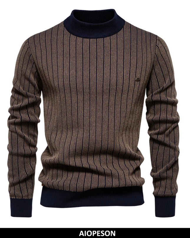 AIOPESON Men's Mock Neck Cotton Pullover - Striped Warm Sweater