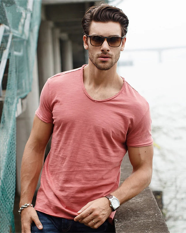 AIOPESON Men's Slim Fit V-Neck T-Shirts - 100% Cotton Casual Wear