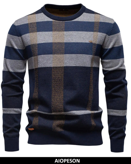AIOPESON Men's Striped Crewneck Sweater - Warm Cotton Blend Pullover