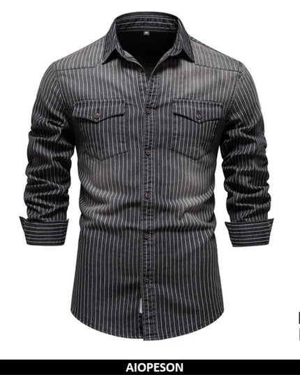 AIOPESON Men's Striped Denim Shirt - Stretchy Long Sleeve Casual Top
