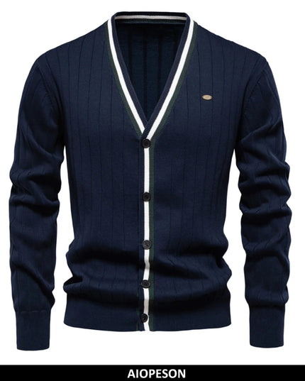 AIOPESON Men's V-Neck Button-Up Cotton Cardigan - Casual Knit Sweater
