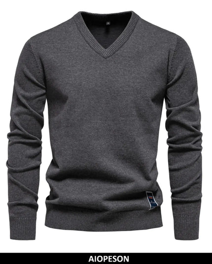 AIOPESON Men's V-Neck Cotton Sweater - Casual Long Sleeve Pullover