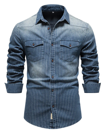 AIOPESON Striped Cotton Denim Shirt - Stretch Long Sleeve Casual