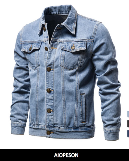 Casual Men's Cotton Denim Jacket - Solid Color, Slim Fit Style