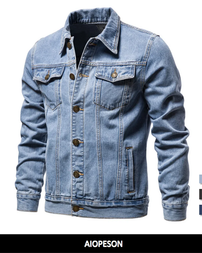 Casual Men's Cotton Denim Jacket - Solid Color, Slim Fit Style