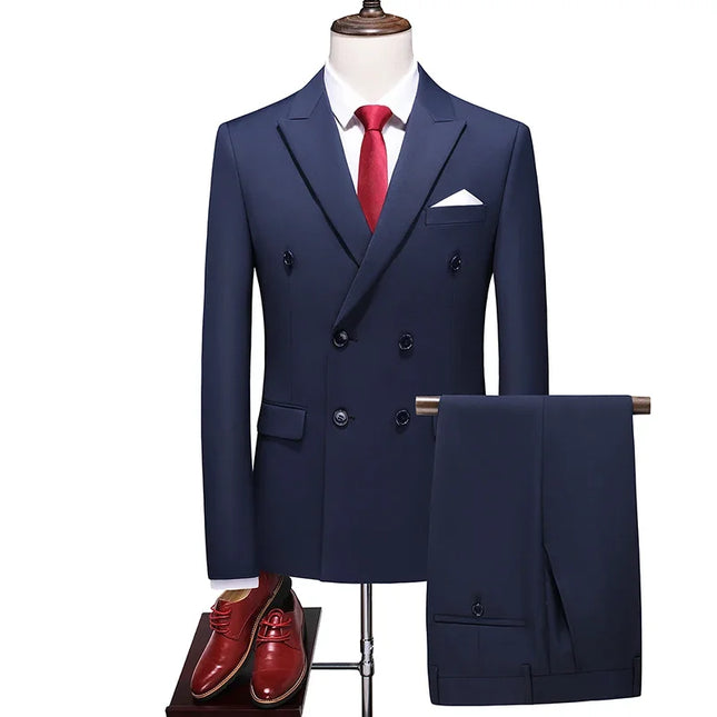 Elegant Men's Double Breasted Suit - Casual British Style Blazer & Pants