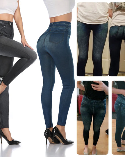 High Waist Faux Denim Leggings - VOLDRI