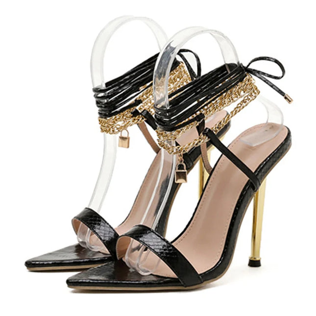 Chain Ankle Strap Gold White Heels - VOLDRI