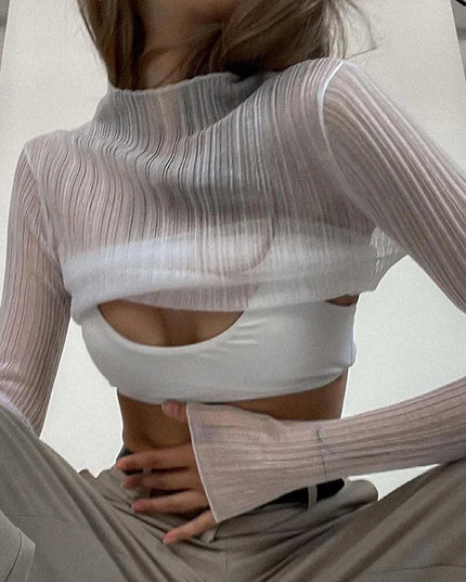 Ruffle See Through Long Sleeve Top - VOLDRI