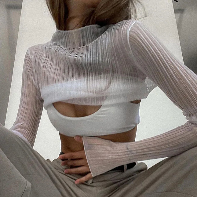 Ruffle See Through Long Sleeve Top - VOLDRI