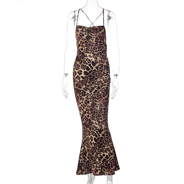 Leopard Printed Bodycon Long Straps Dress - VOLDRI