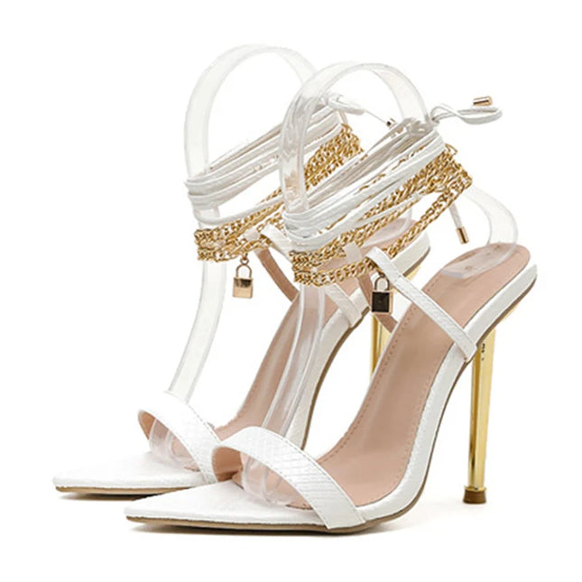 Chain Ankle Strap Gold White Heels - VOLDRI