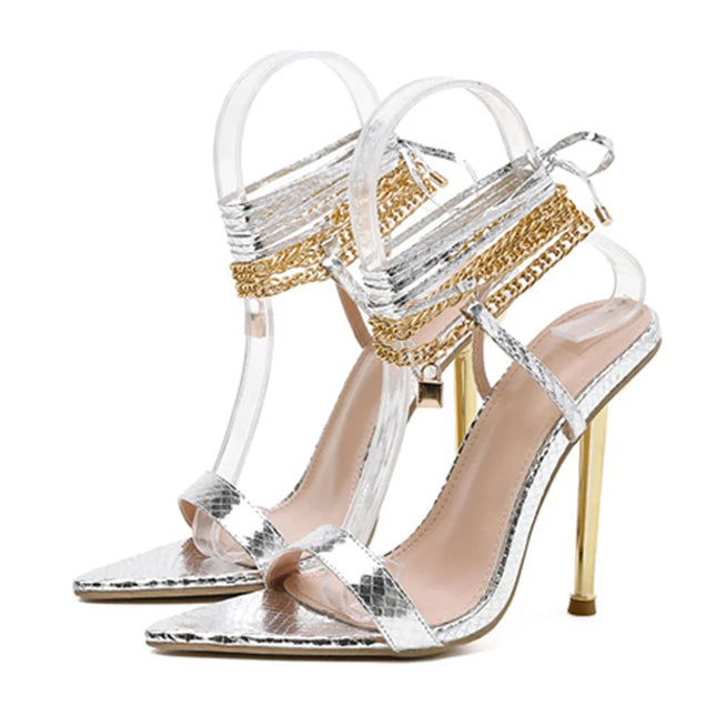 Chain Ankle Strap Gold White Heels - VOLDRI