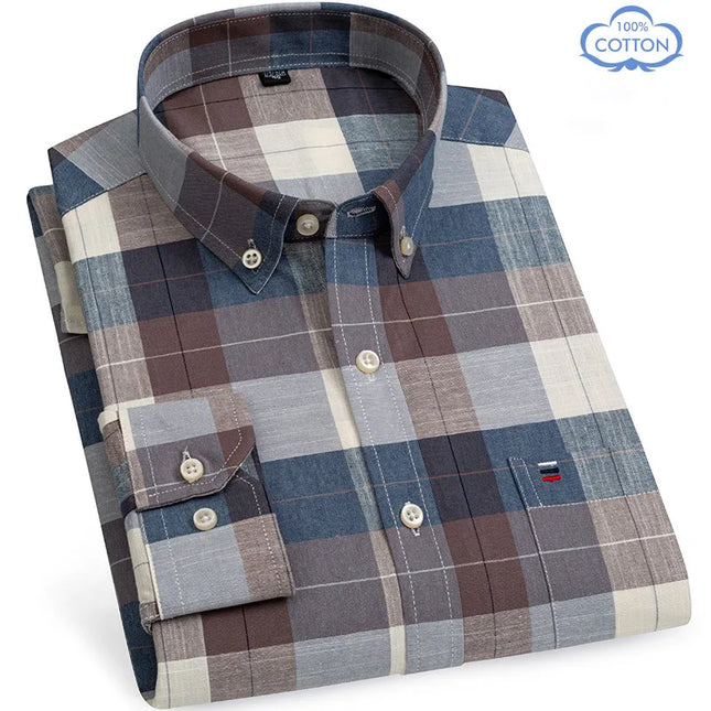 Luxury Plus Size Cotton Oxford Shirt - Buttoned Plaid for Men