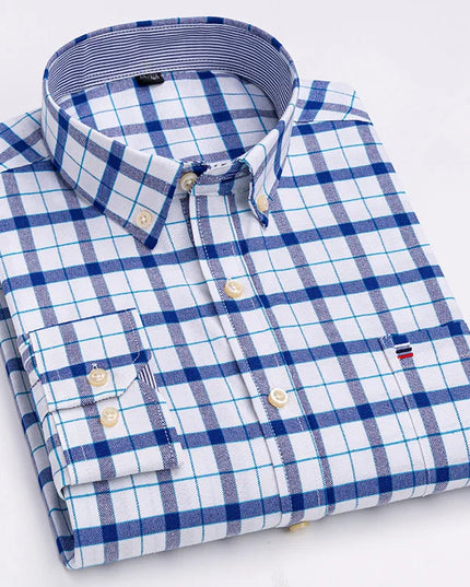 Men's 100% Cotton Long Sleeve Dress Shirt - Oxford Plaid Style
