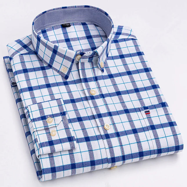 Men's 100% Cotton Long Sleeve Dress Shirt - Oxford Plaid Style